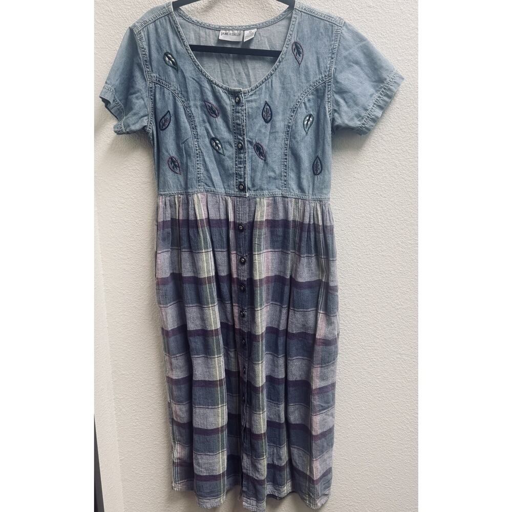 Vintage‎ Jane Ashley Denim Embroidered Prairie Dress Plaid Sz M Boho Cottagecore